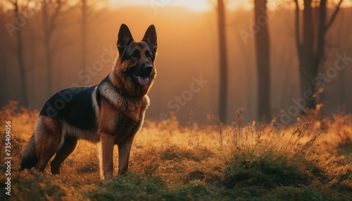 german shepherd, dog at dawn, purebred dog in nature, happy dog, beautiful dog photo