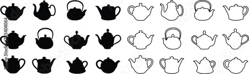 Tea pot icon in flat and line style set. isolated on transparent background Tea kettle or teapot sign and symbol. teapots, drinking coffee pot. Abstract design Logotype art vector for apps website