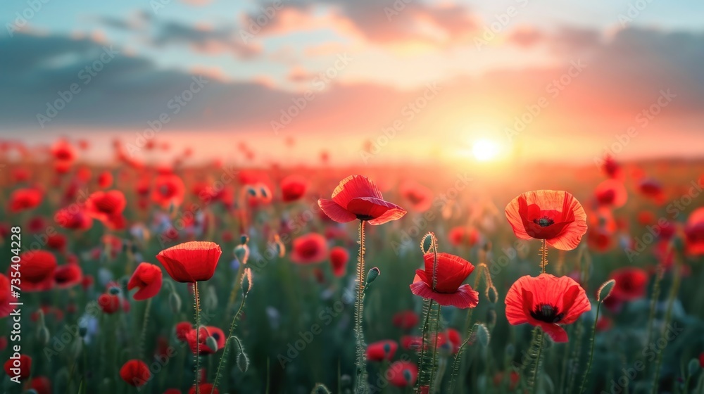 field with wild poppy seeds, sunrise on background - obrazy, fototapety, plakaty 
