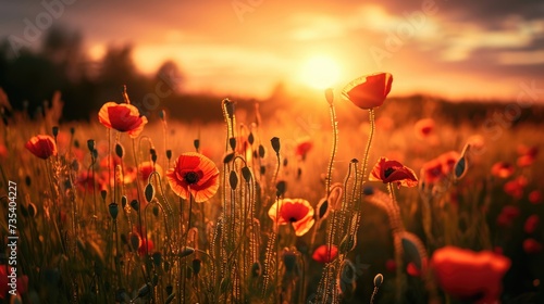 field with wild poppy seeds, sunrise on background