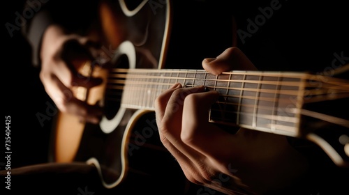 Acoustic Guitar Playing. Men Playing Acoustic Guitar Closeup Photography.