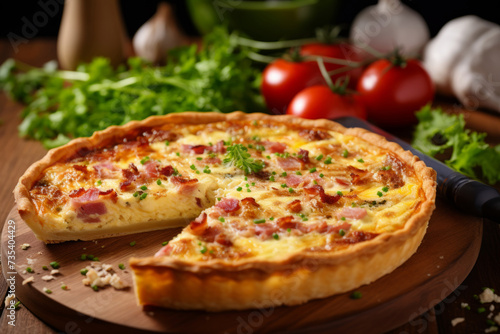 Quiche lorraine whole on a cutting board with a slice taken out for breakfast or lunch