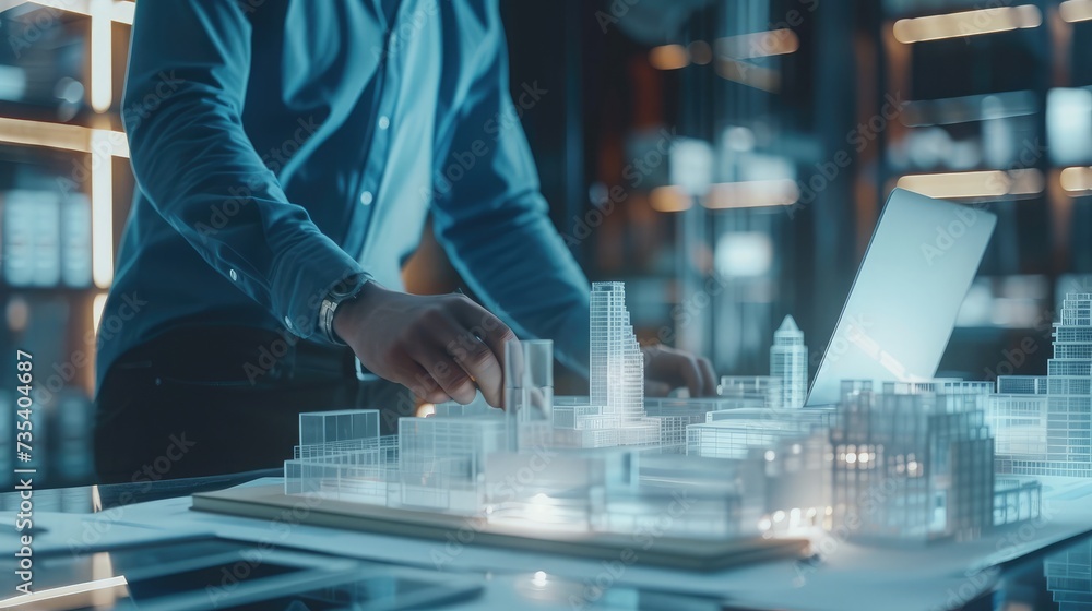 Businessman working laptop for new architectural project. Generic design notebook on the table. Blurred background, horizontal mockup. Businessman working laptop for new architectural project. Generic design notebook on the table. Blurred background, horizontal mockup.