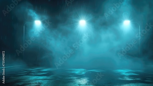 Empty street scene background with abstract spotlights light. Night view of street light reflected on water. Rays through the fog. Smoke, fog, wet asphalt with reflection of lights. © buraratn