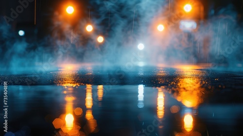 Empty street scene background with abstract spotlights light. Night view of street light reflected on water. Rays through the fog. Smoke, fog, wet asphalt with reflection of lights.