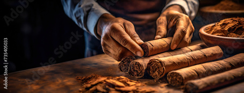 Skilled hands of mature man craft cigars on a vintage wooden table, surrounded by tools and raw tobacco, evoking a sense of tradition and craftsmanship.