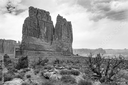 Classic black and white art landscape of Arches National Park Utah desert, USA.