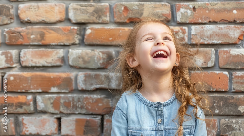Happy child little girl laughing at a blank empty brick wall Happy child little girl laughing at a blank empty brick wall