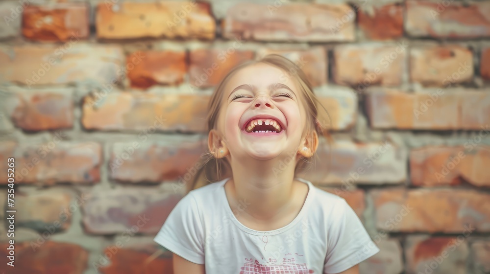 Happy child little girl laughing at a blank empty brick wall Happy child little girl laughing at a blank empty brick wall