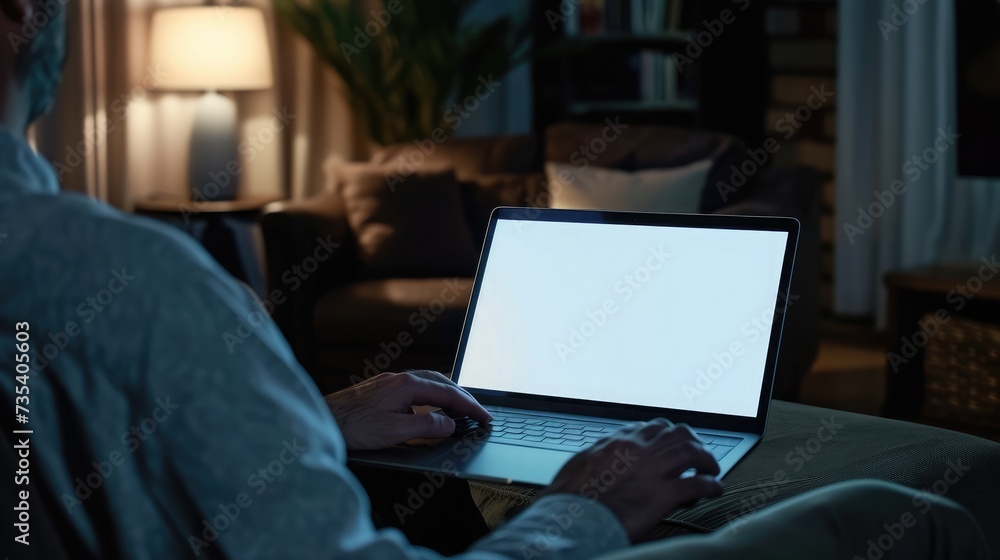 Man using, working on laptop with blank screen in home living room Man using, working on laptop with blank screen in home living room