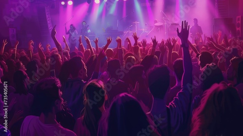 many people enjoying rock concert, crowd with raised up hands dancing in nightclub, audience applauding to musician band, night entertainment, music festival, happy youth, luxury party