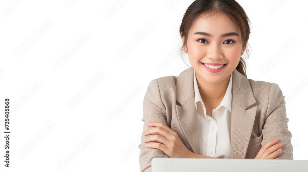 Portrait of a happy asian businesswoman working on laptop computer isolated over white background Portrait of a happy asian businesswoman working on laptop computer isolated over white background