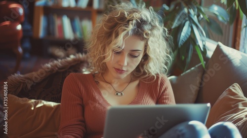 Nice beautiful lady with blonde curly hair work at the notebook sit down on the sofa at home - check on oline shops for cyber monday sales - technology woman concept for alternative office freelance photo