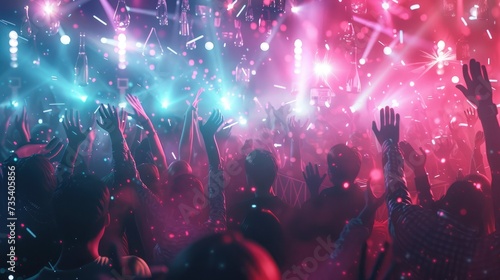 Picture of rock concert, music festival, New Year eve celebration, party in nightclub, dance floor, disco club, many people standing with raised hands up and clapping, happiness and night life concept