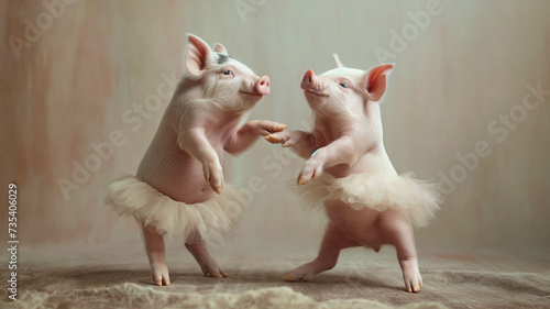 two pigs dancing in style of ballet, dreamy, spotlight, neutral background, fine art