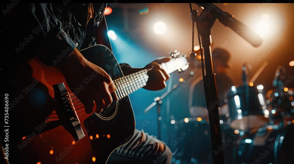 Obraz premium Stage lights.Abstract musical background.Playing guitar and concert concept.Live music background.Music festival.Instrument on stage and band