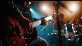 Stage lights.Abstract musical background.Playing guitar and concert concept.Live music background.Music festival.Instrument on stage and band
