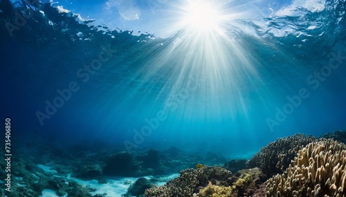 underwater ocean blue abyss with sunlight diving and scuba background photo