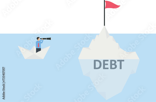 Businessman with a telescope on a paper boat looking flag on the iceberg concept,
