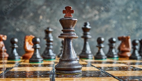 black chess pieces lined up in order at the beginning of the game on a chessboard selective focus on the figure of the king and queen