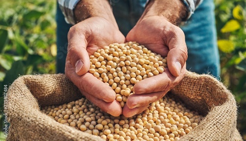 caucasian male showing soybeans in his hands over burlap sack