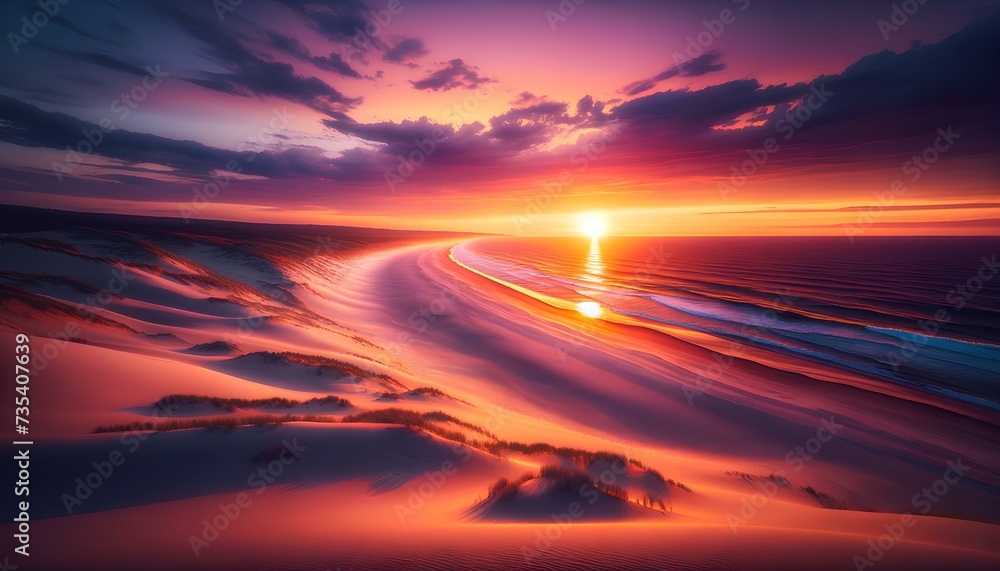 Questa foto ritrae un tramonto mozzafiato su una spiaggia deserta. Il cielo si tinge di sfumature vivaci di arancio, rosa e viola, mentre il sole, appena sotto l'orizzonte, diffonde una luce dorata.. - obrazy, fototapety, plakaty 