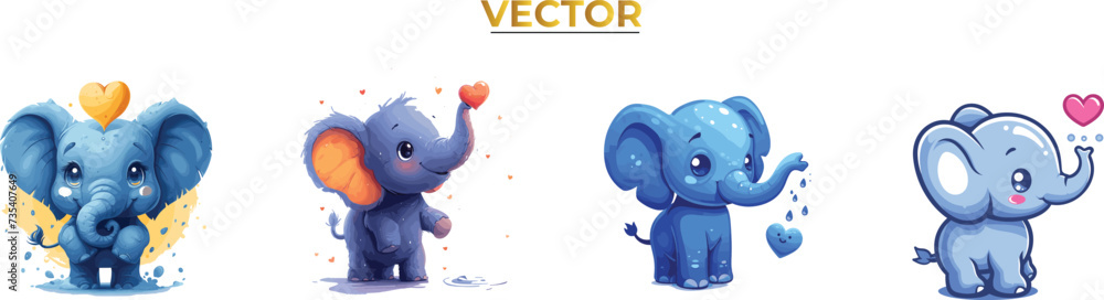 Cute happy Playful Elephant Spraying Water Heart Shape Vector Logo Design Jungle Animal Love Symbol Graphic, water spray, elephant logo, lovely little animal, character, lovely animal set vector