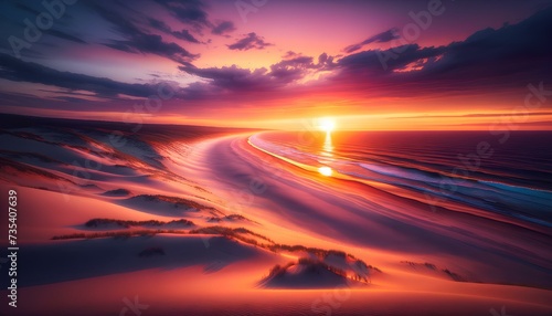 Questa foto ritrae un tramonto mozzafiato su una spiaggia deserta. Il cielo si tinge di sfumature vivaci di arancio, rosa e viola, mentre il sole, appena sotto l'orizzonte, diffonde una luce dorata.. photo