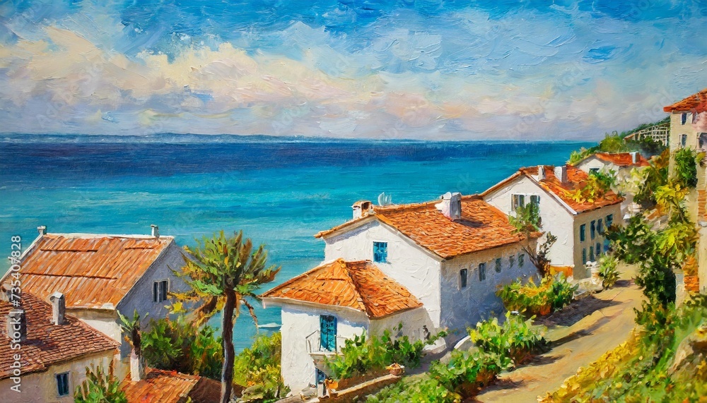 oil painting on canvas of a beautiful houses near the sea abstr