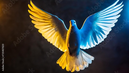 yellow and blue dove in light flight neon light as a symbol of ukraine peace and freedom on dark background peace and freedom concept © Pauline