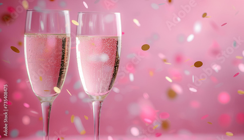two glasses of champagne on a pink background