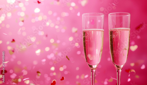 two glasses of champagne on a pink background