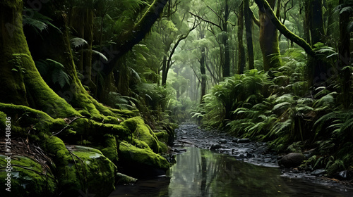 A forest with mossy trees and a stream,, Exotic Rainforest Creek