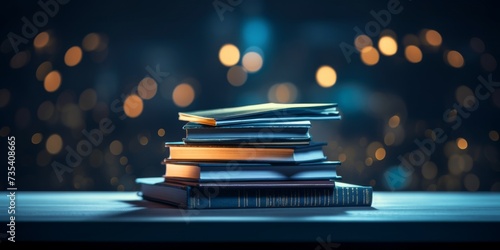 Stack of hardcover colorful and diffrent books on Blue Surface with Bokeh Lights Background. World book day, International literacy day, concept of education and learning. Generative ai photo