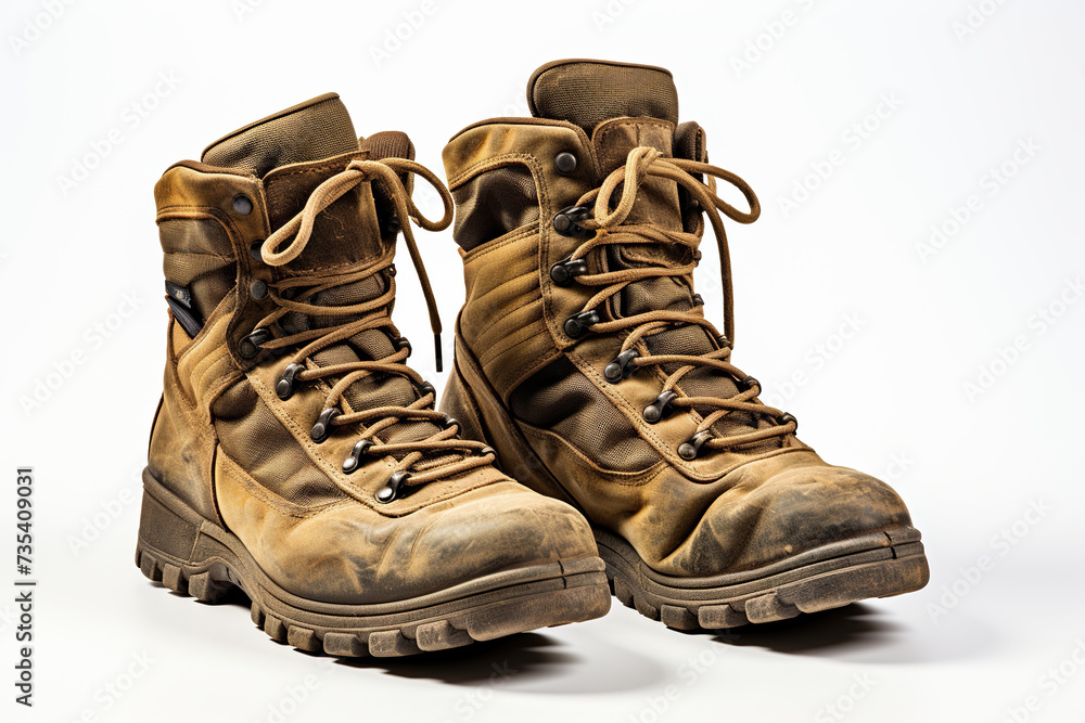 Old worn military boots on a white background. Generated by artificial intelligence Old worn military boots on a white background. Generated by artificial intelligence