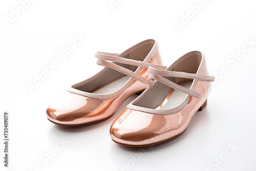 Cute peach shoes for little girls on a white background. Generated by artificial intelligence
