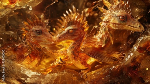 An artists rendering of a group of tiny birdlike dinosaurs preserved in amber showcasing the incredible level of detail that microfossils can provide.