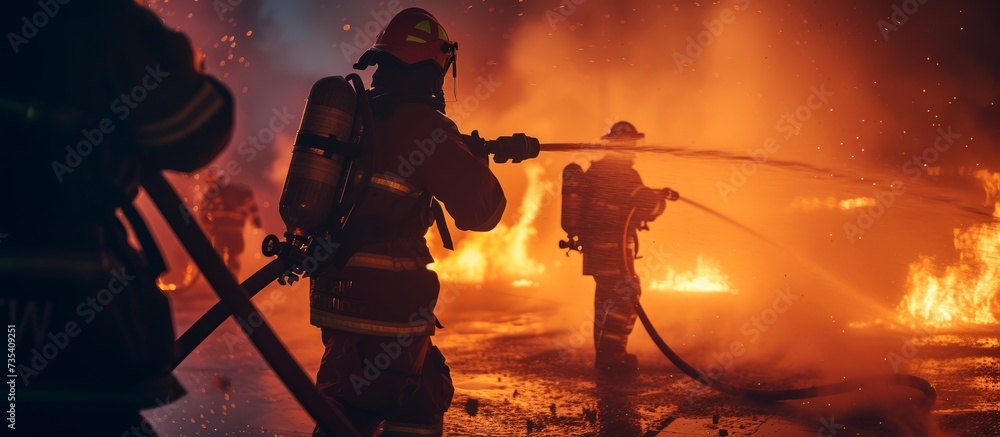 Brave firefighter using powerful hose to extinguish dangerous raging fire in urban environment