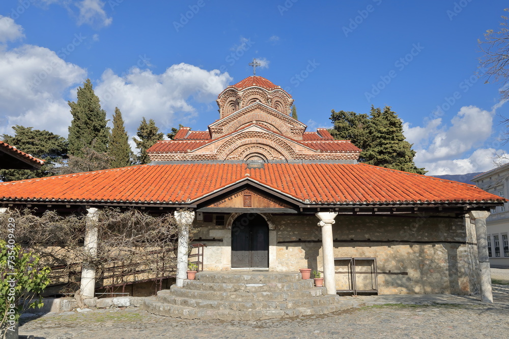 Tilted front view of the Holy Mother of God Perivleptos Church -Crkva Presveta Bogorodica- dating from AD 1295. Ohrid-North Macedonia-321 Tilted front view of the Holy Mother of God Perivleptos Church -Crkva Presveta Bogorodica- dating from AD 1295. Ohrid-North Macedonia-321