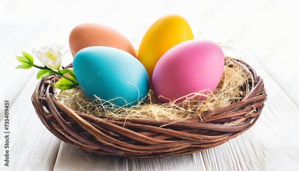 happy easter day colorful egg in basket and nest isolated on white background