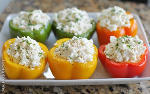  Stuffed bell peppers with cottage cheese and parsley in baking dish,close up