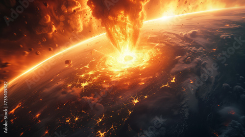 Explosion on planet earth view of space, nuclear explosion, comet crashed into earth disaster