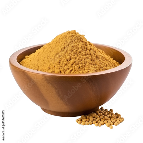 pile of finely dry organic fresh raw fenugreek powder in wooden bowl png isolated on white background. bright colored of herbal, spice or seasoning recipes clipping path. selective focus