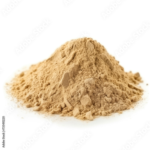 close up pile of finely dry organic fresh raw tribulus terrestris powder isolated on white background. bright colored heaps of herbal, spice or seasoning recipes clipping path. selective focus photo