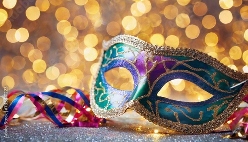 carnival party venetian mask with abstract defocused bokeh lights on shiny streamers masquerade disguise concept