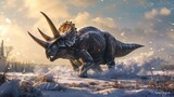 A determined triceratops plowing through thick icy patches on its journey through the tundra its three horns glinting in the sunlight.