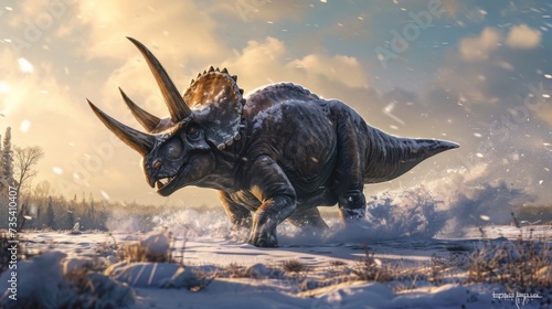 A determined triceratops plowing through thick icy patches on its journey through the tundra its three horns glinting in the sunlight.