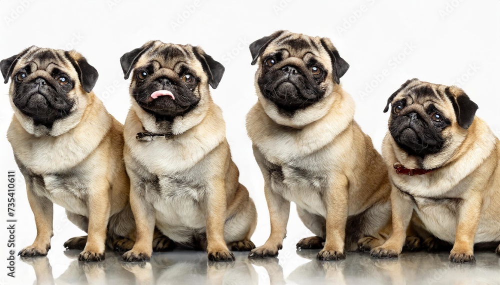 pug dog collection portrait sitting standing animal bundle isolated on a white background as transparent png