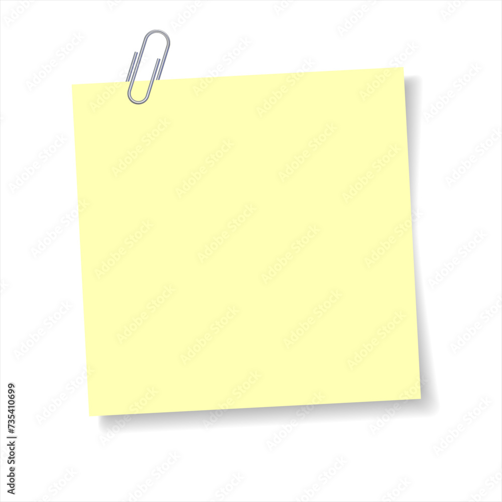Realistic clip with yellow paper for your text. Paperclip with note memo. Color notepaper with paperclip for reminder in school, office and home. Note with paper clip, isolated on white background. Realistic clip with yellow paper for your text. Paperclip with note memo. Color notepaper with paperclip for reminder in school, office and home. Note with paper clip, isolated on white background.