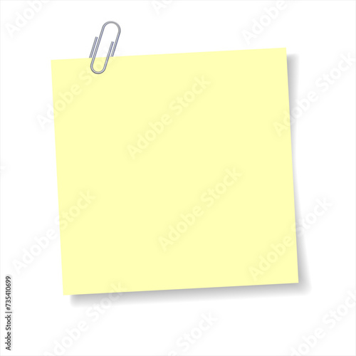 Realistic clip with yellow paper for your text. Paperclip with note memo. Color notepaper with paperclip for reminder in school, office and home. Note with paper clip, isolated on white background.